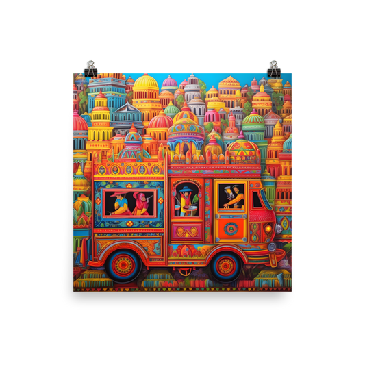 Colorful Pakistani Truck Art-Inspired Village Scene