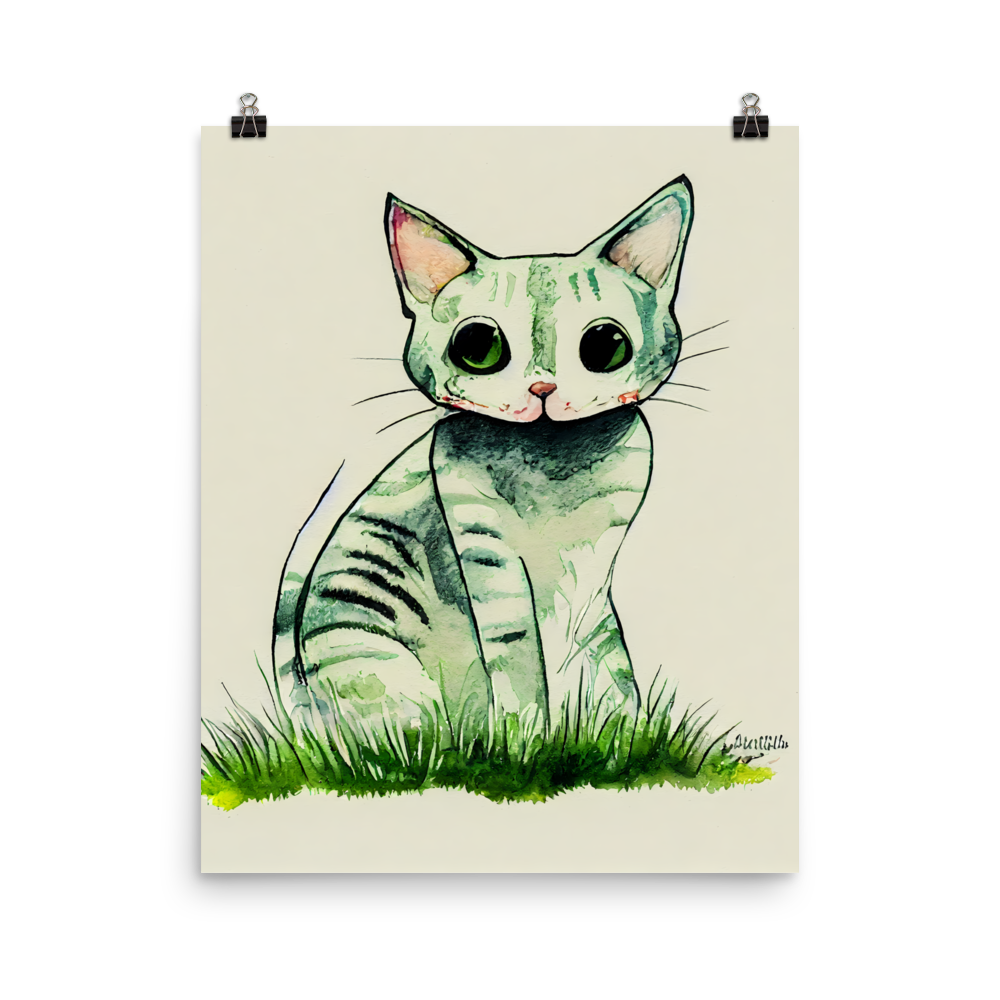 Whiskers in Watercolor: Adorable Comic Cat Sitting on Grass