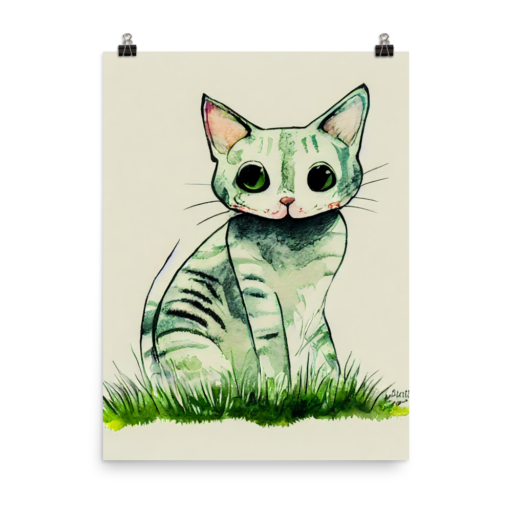 Whiskers in Watercolor: Adorable Comic Cat Sitting on Grass