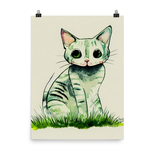 Whiskers in Watercolor: Adorable Comic Cat Sitting on Grass