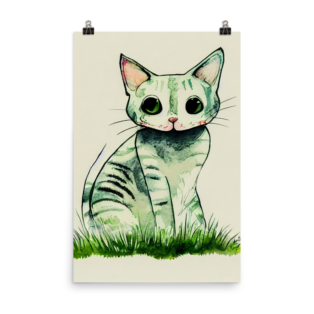 Whiskers in Watercolor: Adorable Comic Cat Sitting on Grass